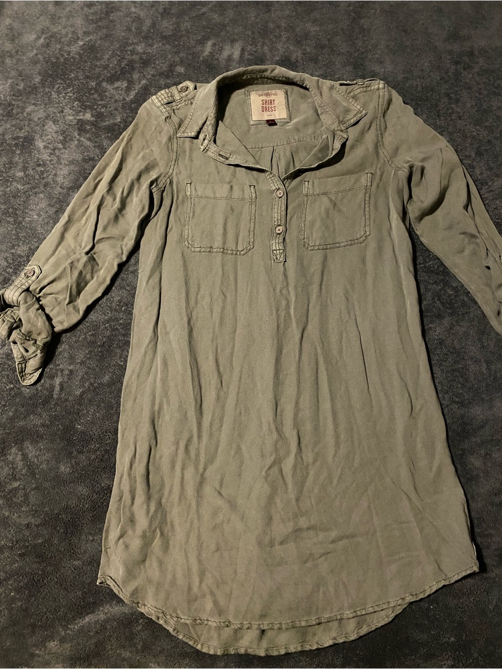 SO Olive Green Button-Front Tunic Shirt Dress